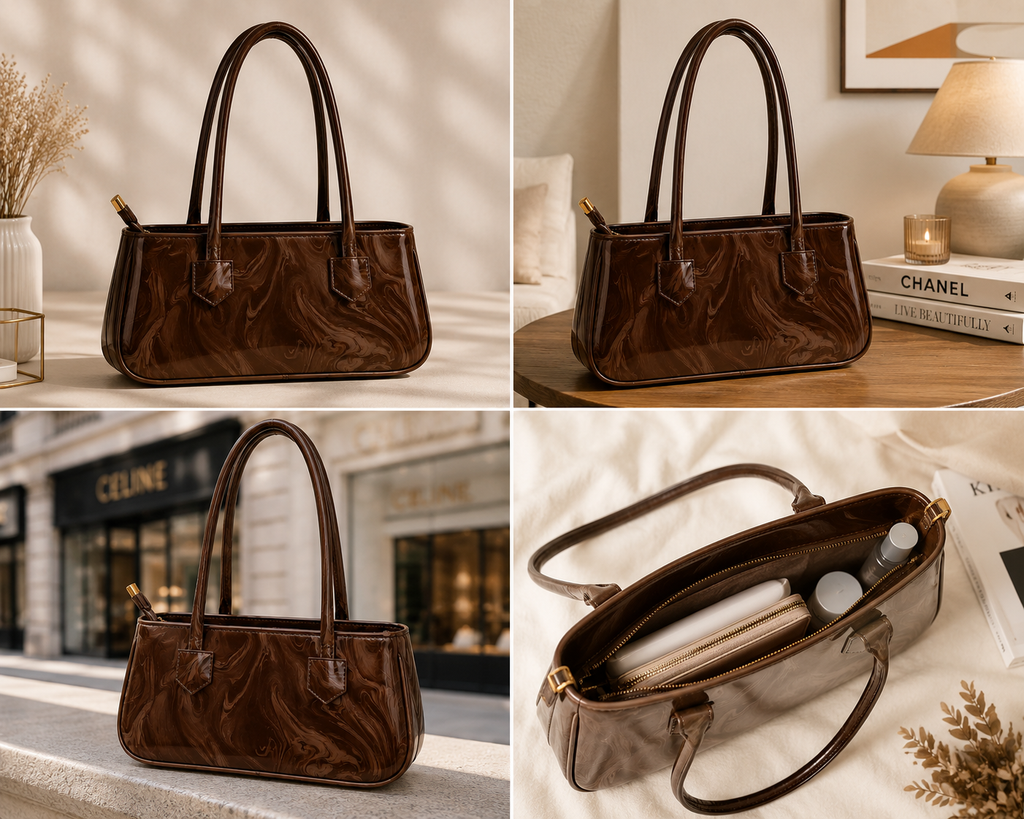 Luxury Brown Patent Leather Shoulder Handbag for Women