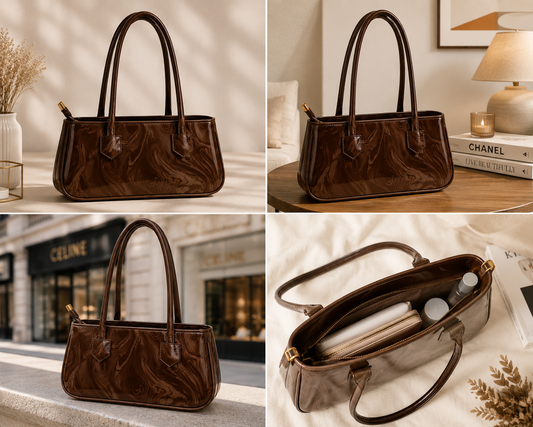 Luxury Brown Patent Leather Shoulder Handbag for Women