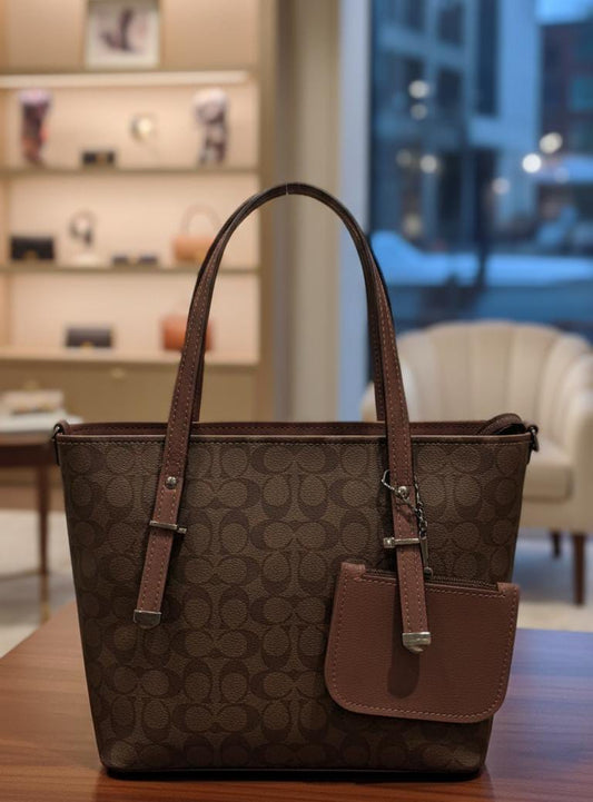 Classic Brown Signature Tote Bag with Matching Coin Pouch