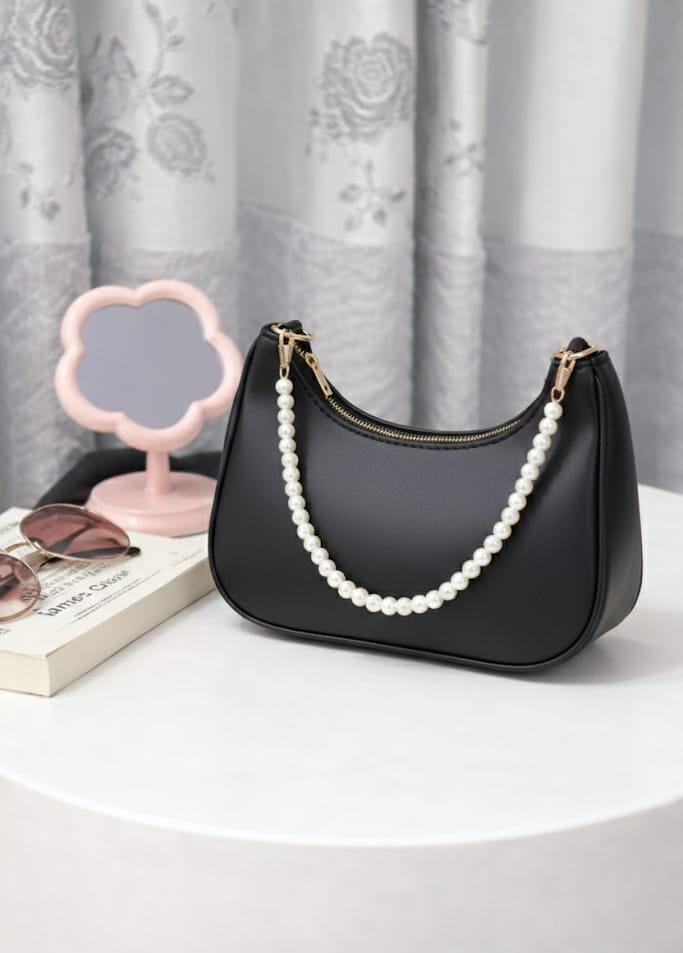 Luxury Pearl Chain Shoulder Bag – Black