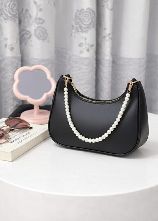 Luxury Pearl Chain Shoulder Bag – Black