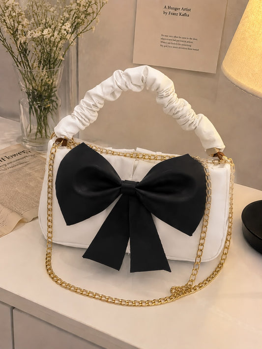 Women's White Shoulder Bag with Black Bow & Gold Chain