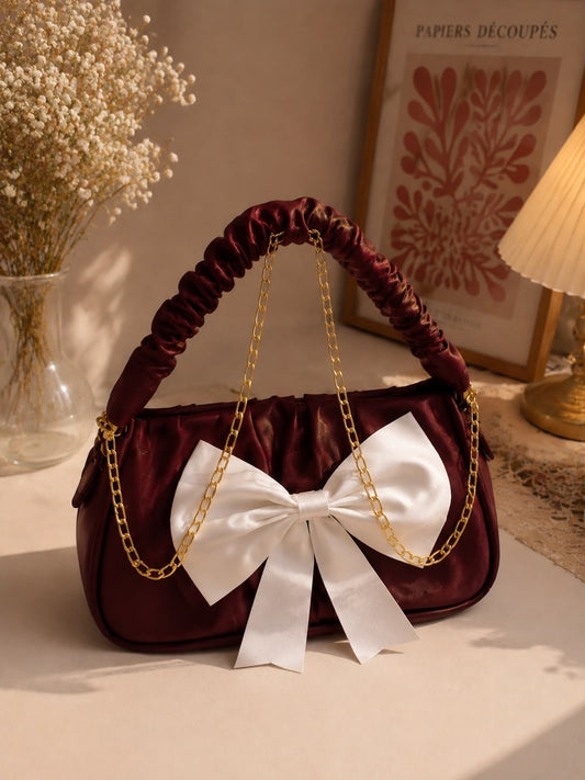 Women's Burgundy Ruched Shoulder Bag with White Bow & Gold Chain