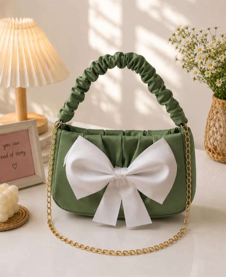 Elegant Sage Green Shoulder Bag with White Bow & Gold Chain.