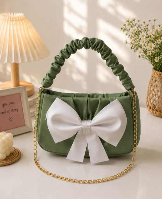 Elegant Sage Green Shoulder Bag with White Bow & Gold Chain.