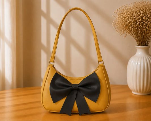 Women's Yellow Shoulder Bag with Black Bow – Elegant PU Leather Handbag