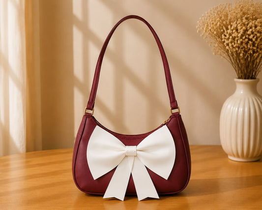 Women's Burgundy Shoulder Bag with White Bow