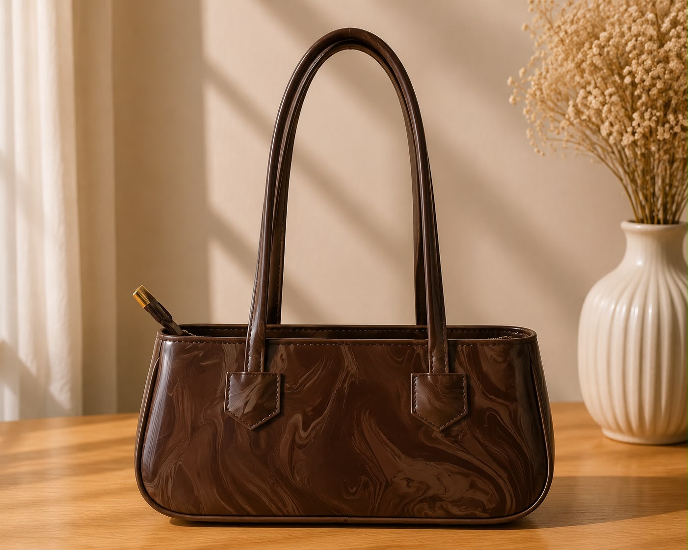 Luxury Brown Patent Leather Shoulder Handbag for Women