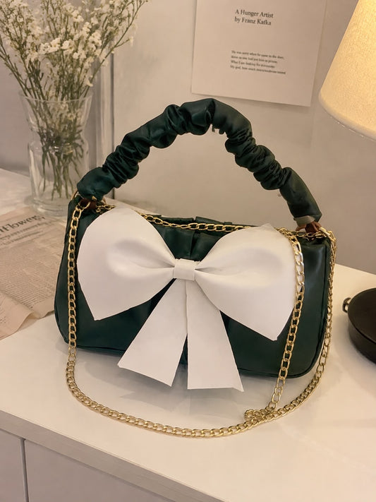 Women's Green Shoulder Bag with White Bow & Gold Chain