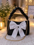 Elegant Black Shoulder Bag with White Bow Chain Strap | Women's Fashion Handbag