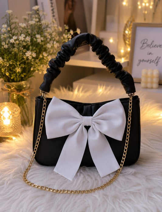 Elegant Black Shoulder Bag with White Bow Chain Strap | Women's Fashion Handbag