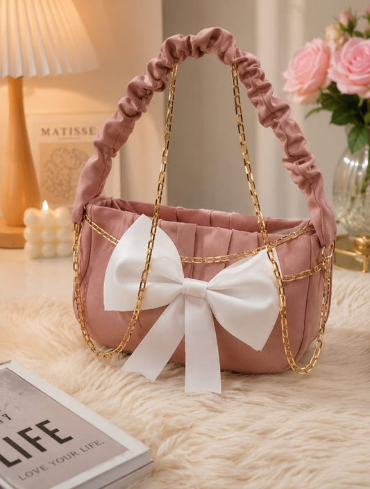 Women's Pink Ruched Shoulder Bag with White Bow & Gold Chain – Elegant Handbag