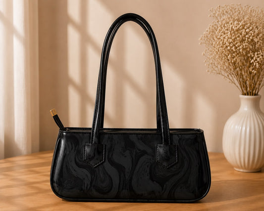 Women's Black Glossy Patent Leather Shoulder Bag .