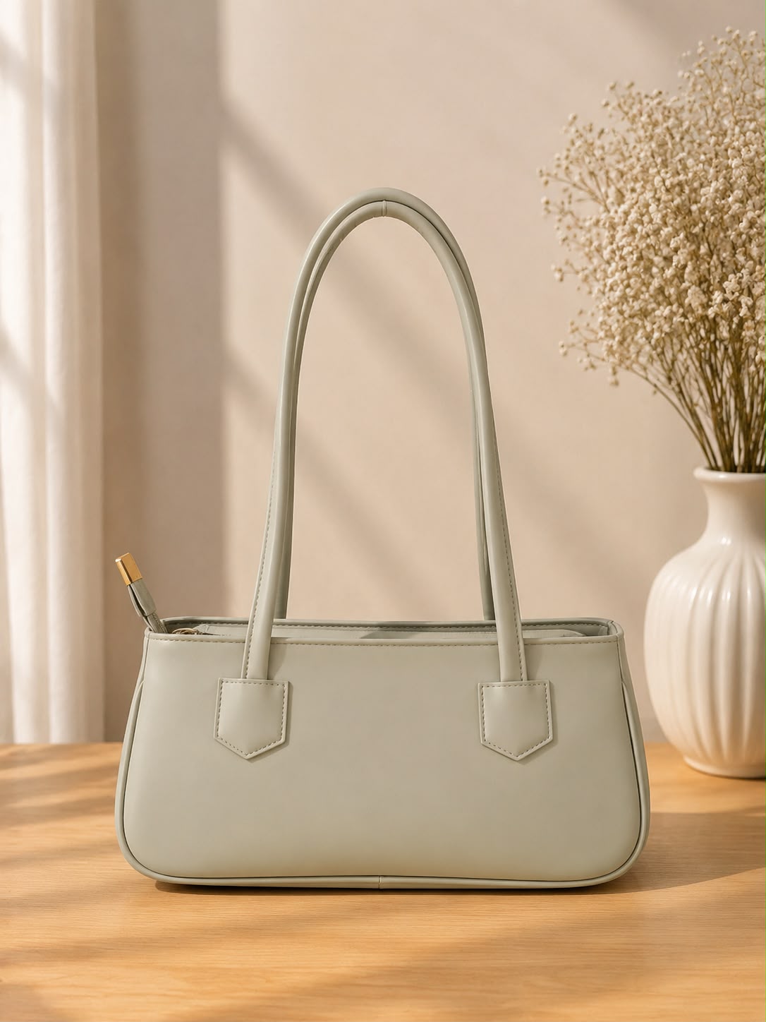 Women's White PU Leather Shoulder Bag – Elegant Minimalist Tote Purse with Zipper Closure.