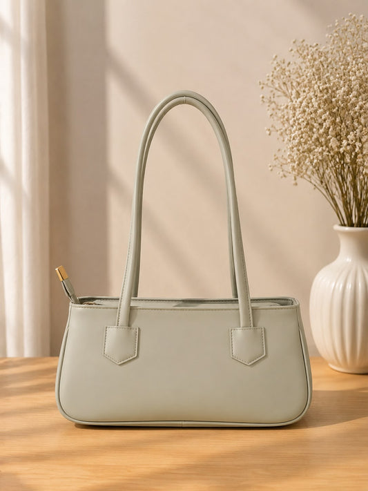 Women's White PU Leather Shoulder Bag – Elegant Minimalist Tote Purse with Zipper Closure.