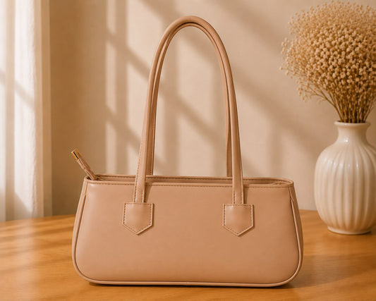 Women's Beige Leather Shoulder Bag | Elegant Top Handle Tote Purse.