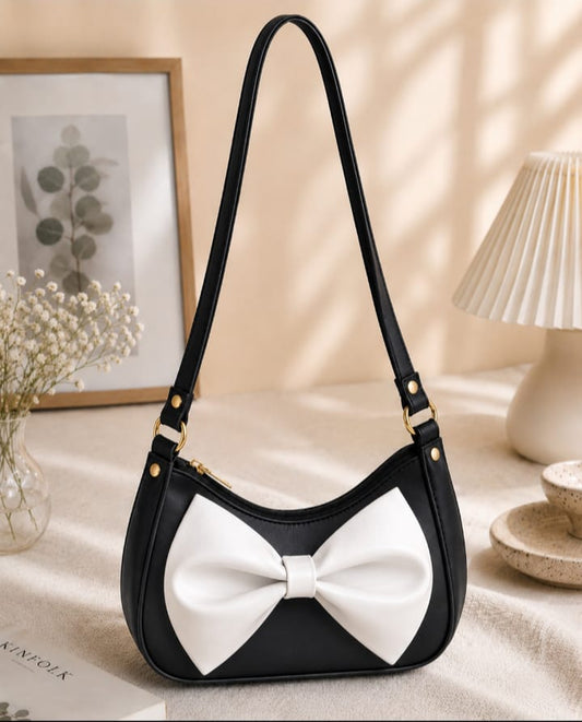 Black & White Bow Shoulder Bag for Women | Elegant Fashion Handbag