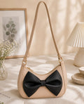 Beige Bow Shoulder Bag for Women | Elegant PU Leather Handbag.