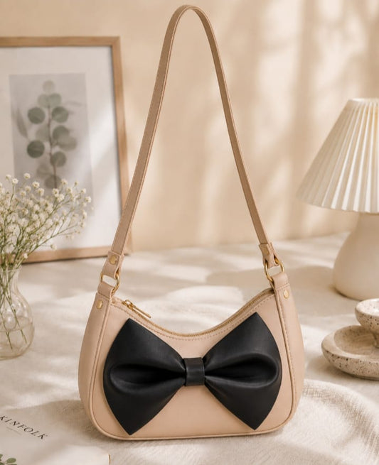 Beige Bow Shoulder Bag for Women | Elegant PU Leather Handbag.